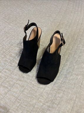 Wild Diva Black Suede Open-Toe Slingback Wedge Sandals